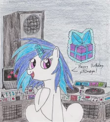 Size: 2268x2534 | Tagged: safe, artist:darkknightwolf2011, derpibooru import, vinyl scratch, pony, unicorn, female, high res, mare, mixing console, present, sitting, solo, traditional art, turntable