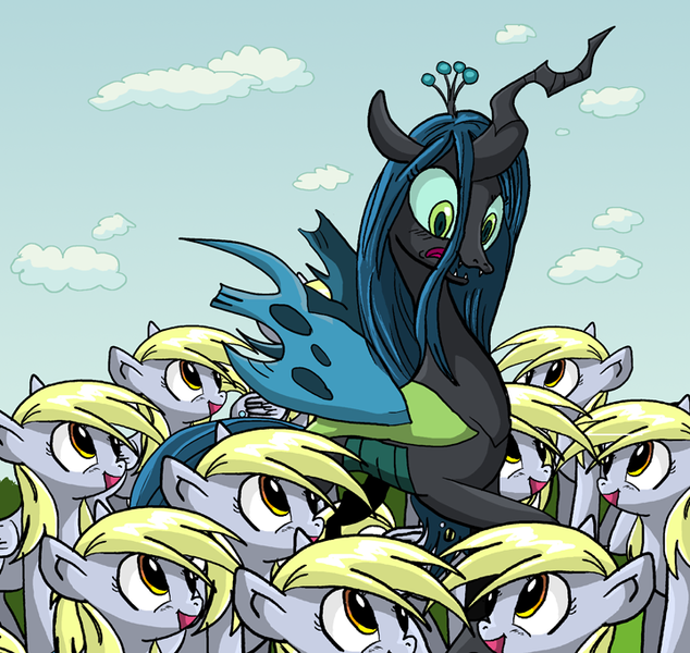 Size: 720x681 | Tagged: safe, artist:xkappax, derpibooru import, derpy hooves, queen chrysalis, changeling, changeling queen, pegasus, pony, cloud, confused, female, image, mare, open mouth, png, sky, unstoppable force of derp