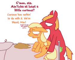 Size: 751x600 | Tagged: suggestive, artist:the weaver, derpibooru import, applejack, big macintosh, earth pony, pony, applemac, bed, bipedal leaning, blushing, dialogue, female, hentai quotes, incest, lidded eyes, male, mare, shipping, simple background, stallion, straight, white background