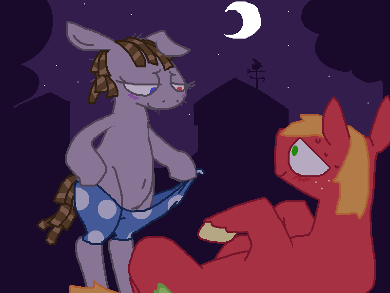 Size: 800x600 | Tagged: questionable, artist:the weaver, derpibooru import, big macintosh, smarty pants, earth pony, pony, blushing, male, night, on back, shipping, smartymac, stallion, straight, sweat, undressing