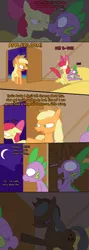 Size: 800x2240 | Tagged: suggestive, artist:the weaver, derpibooru import, apple bloom, applejack, spike, dragon, earth pony, pony, applespike, baby dragon on filly, baby dragon on mare, barn, blushing, caught, comic, door, female, filly, foalcon, grin, imminent rape, interspecies, male, mare, night, no pupils, raep tiem, shipping, smiling, spikebloom, straight, sweat, weaver you magnificent bastard