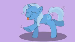 Size: 2560x1440 | Tagged: safe, artist:kalimdor89, derpibooru import, trixie, pony, unicorn, dancing, eyes closed, female, mare, simple background, smiling, solo, tongue out
