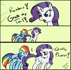 Size: 679x675 | Tagged: safe, artist:kudalyn, derpibooru import, rainbow dash, rarity, pegasus, pony, unicorn, blushing, comic, confused, crying, cute, dialogue, duo, eye contact, female, floppy ears, frown, gently please, glare, grab my meme, green background, lidded eyes, looking at each other, looking back, mare, meme, nom, open mouth, pose, question mark, raised hoof, sad, signature, simple background, spread wings, tail bite, teary eyes, text, wide eyes, wings