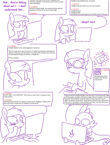 Size: 949x1254 | Tagged: safe, artist:the weaver, derpibooru import, spike, twilight sparkle, dragon, pony, unicorn, /mlp/, 4chan, adorkable, blushing, camhorse, cheeks, comic, computer, cute, dork, female, glasses, hoof keyboard, internet, librarian, male, mare, nerd, selfie, simple background, twiabetes, white background