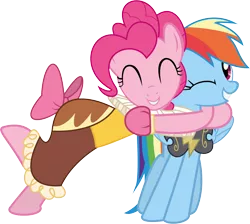 Size: 4557x4082 | Tagged: safe, artist:waranto, derpibooru import, chancellor puddinghead, commander hurricane, pinkie pie, rainbow dash, earth pony, pegasus, pony, hearth's warming eve (episode), absurd resolution, costume, female, hearth's warming eve, hug, lesbian, mare, pinkiedash, shipping, simple background, smiling, transparent background, vector