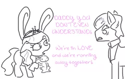 Size: 800x505 | Tagged: safe, artist:the weaver, derpibooru import, angel bunny, diamond tiara, filthy rich, earth pony, pony, angeltiara, bestiality, bunny ears, crack shipping, female, filly, interspecies, male, running away, shipping, simple background, stallion, straight, white background