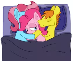 Size: 867x724 | Tagged: safe, artist:the weaver, derpibooru import, carrot cake, cup cake, pinkie pie, earth pony, pony, bed, cakepie, carrot cup, carrotpie, cuddling, female, male, mare, ot3, pillow, shipping, simple background, sleeping, smiling, snuggling, stallion, straight, white background