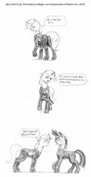 Size: 654x1280 | Tagged: suggestive, artist:baron engel, derpibooru import, twilight sparkle, oc, oc:petina, pony, unicorn, bandage, catsuit, comic, duo, duo female, eye contact, female, future twilight, grayscale, looking at each other, mare, monochrome, pencil drawing, skinsuit, sneaking suit, traditional art