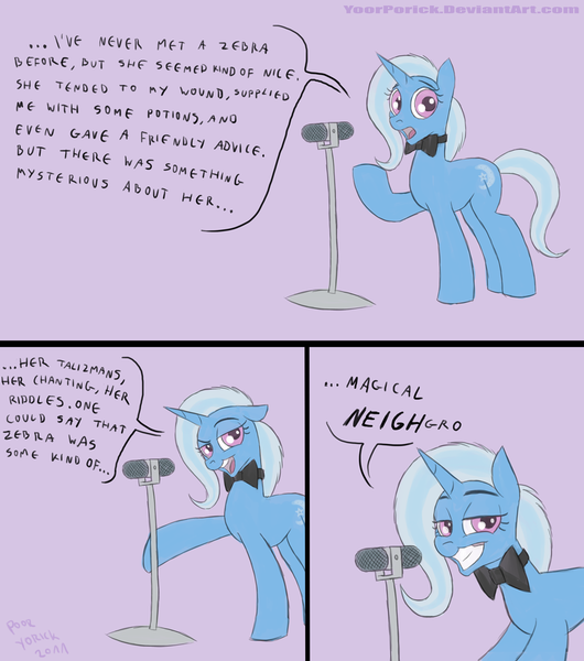 Size: 1085x1229 | Tagged: safe, artist:pooryorick, derpibooru import, trixie, pony, unicorn, bad pun, bowtie, comedian, comic, female, mare, microphone, pun, solo, stand-up comedy