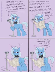 Size: 898x1170 | Tagged: safe, artist:pooryorick, derpibooru import, trixie, pony, unicorn, bowtie, comedian, comic, female, mare, microphone, newspaper, solo, stand-up comedy