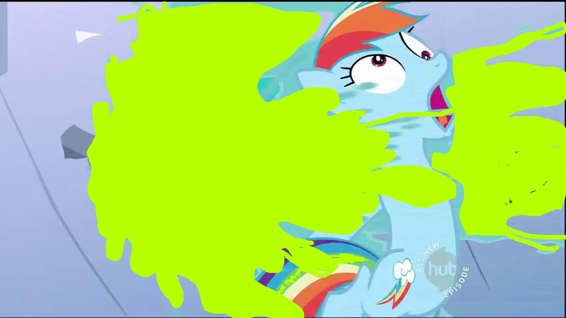 Size: 1280x720 | Tagged: safe, derpibooru import, edit, edited screencap, screencap, rainbow dash, pegasus, pony, the mysterious mare do well, dam, female, hub logo, mare, slime, solo