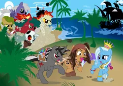 Size: 5000x3477 | Tagged: safe, artist:sunley, derpibooru import, trixie, oc, earth pony, pony, unicorn, chase, crossover, crown, female, jack sparrow, jewelry, male, mare, pirates of the caribbean, regalia, running, stallion, treasure chest