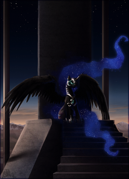 Size: 984x1362 | Tagged: safe, artist:cosmicunicorn, derpibooru import, nightmare moon, alicorn, pony, female, glowing eyes, long hair, long mane, long tail, mare, mountain, night, painting, photoshop, scenery, sky, solo, spread wings, stairs, stars, throne