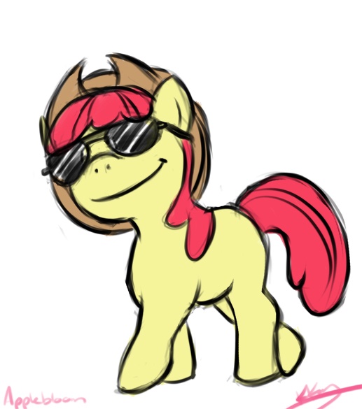 Size: 517x585 | Tagged: safe, artist:bunnimation, derpibooru import, apple bloom, earth pony, pony, accessory swap, applejack's hat, cowboy hat, female, filly, hat, photoshop, simple background, smug, solo, sunglasses, white background