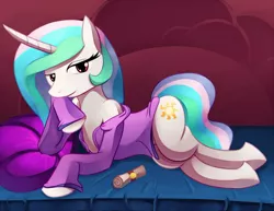 Size: 1280x989 | Tagged: safe, artist:negativefox, derpibooru import, princess celestia, alicorn, pony, bed, bedroom eyes, clothes, draw me like one of your french girls, female, mare, scroll, seductive, shirt, side, solo, stripping, stupid sexy celestia