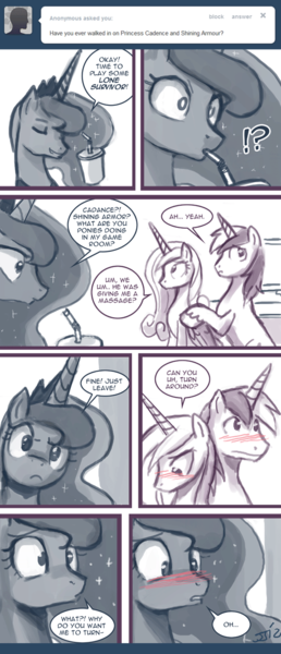 Size: 600x1393 | Tagged: suggestive, artist:johnjoseco, derpibooru import, princess cadance, princess luna, shining armor, alicorn, pony, unicorn, ask princess molestia, blushing, comic, drink, female, implied sex, male, mare, monochrome, shiningcadance, shipping, stallion, straight, straw