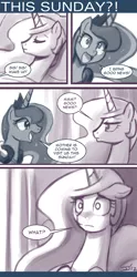 Size: 550x1105 | Tagged: safe, artist:johnjoseco, derpibooru import, princess celestia, princess luna, alicorn, pony, ask princess molestia, princess molestia, bed, comic, duo, duo female, female, mare, monochrome, pillow, shocked