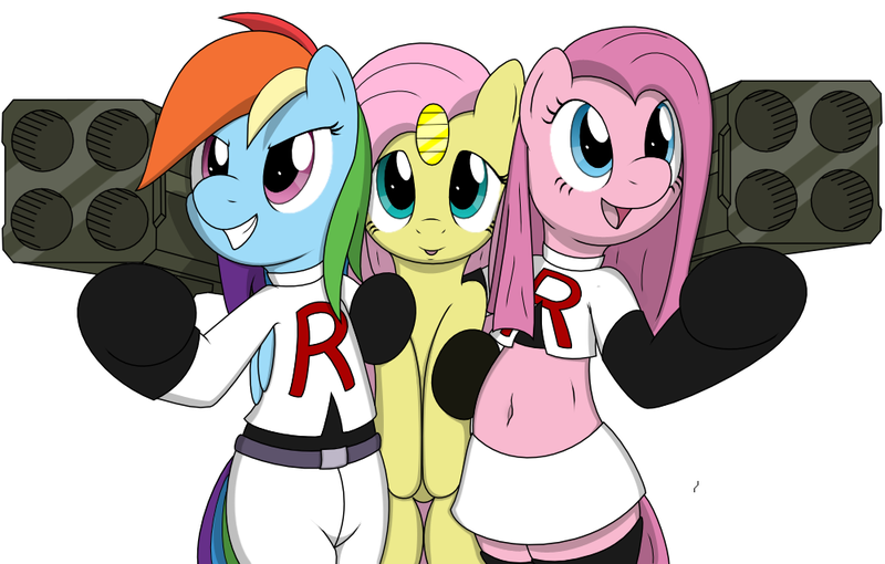 Size: 1001x638 | Tagged: safe, artist:tg-0, derpibooru import, fluttershy, pinkie pie, rainbow dash, meowth, pony, bipedal, flutterdashpie, pinkamena diane pie, pokémon, team rocket