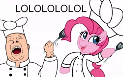 Size: 800x500 | Tagged: safe, derpibooru import, pinkie pie, earth pony, human, pony, chef's hat, duo, female, hat, human male, male, mare, meme, simple background, spatula, white background
