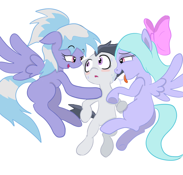 Size: 1024x979 | Tagged: artist needed, source needed, suggestive, derpibooru import, cloudchaser, flitter, rumble, pegasus, pony, blushing, colt, drool, drool string, female, flitterumble, flitterumblechaser, image, imminent sex, implied foalcon, licking, lucky bastard, male, mare, mare on colt, png, rumble gets both the mares, rumblechaser, shipping, simple background, straight, straight shota, threesome, white background
