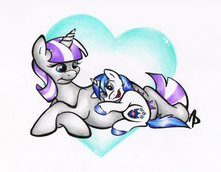 Size: 2695x2104 | Tagged: safe, artist:littletiger488, derpibooru import, shining armor, twilight velvet, pony, unicorn, colt, cute, duo, female, heart, high res, listening, male, mare, mother and son, pregnant, prone, shining adorable, traditional art