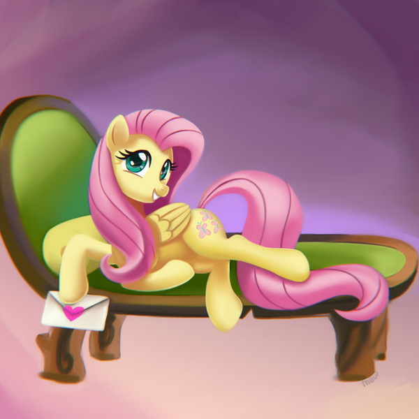 Size: 900x900 | Tagged: safe, artist:mew, derpibooru import, fluttershy, pegasus, pony, couch, cute, female, heart, letter, mail, mare, shyabetes, side, smiling, solo