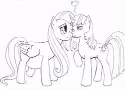 Size: 837x607 | Tagged: safe, artist:numerico, derpibooru import, fluttershy, twilight sparkle, pegasus, pony, unicorn, female, heart, lesbian, mare, monochrome, nuzzling, pregnant, shipping, twishy