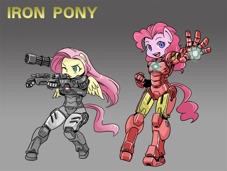 Size: 800x604 | Tagged: ambiguous facial structure, anthro, artist:shepherd0821, derpibooru import, duo, duo female, female, fluttershy, gradient background, iron man, parody, pinkie pie, safe, war machine, weapon