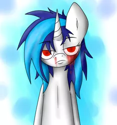 Size: 3678x3934 | Tagged: grimdark, artist:efrejok, derpibooru import, vinyl scratch, pony, unicorn, abstract background, blood, female, high res, looking at you, mare, no pupils, nosebleed, solo