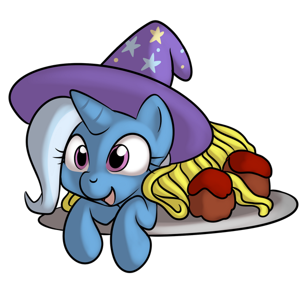 Size: 1600x1600 | Tagged: safe, artist:kloudmutt, derpibooru import, trixie, pony, unicorn, clothes, cute, diatrixes, female, food, hat, mare, meatballs, pasta, prone, simple background, smiling, solo, spaghetti, trixie's hat, white background