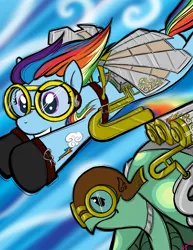 Size: 1275x1650 | Tagged: safe, artist:bunnimation, derpibooru import, rainbow dash, tank, pegasus, pony, turtle, artificial wings, augmented, duo, female, flying, goggles, implied amputation, mare, pet, photoshop, steampunk, wings