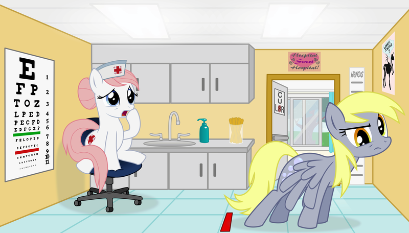 Size: 6000x3422 | Tagged: safe, artist:blackgryph0n, derpibooru import, derpy hooves, nurse redheart, earth pony, pegasus, pony, absurd resolution, duo, duo female, eye chart, eye exam, fail, female, hospital, mare, vector