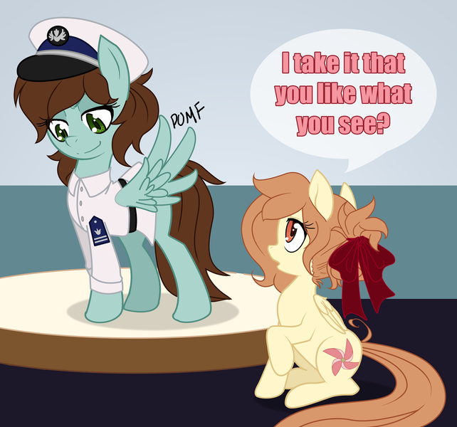 Size: 1461x1366 | Tagged: safe, artist:the-orator, derpibooru import, oc, oc:anchors, oc:whirly willow, unofficial characters only, pegasus, pony, clothes, female, mare, navy, pomf, rule 63, uniform, wingboner
