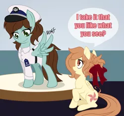 Size: 1461x1366 | Tagged: safe, artist:the-orator, derpibooru import, oc, oc:anchors, oc:whirly willow, unofficial characters only, pegasus, pony, clothes, female, mare, navy, pomf, rule 63, uniform, wingboner