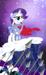 Size: 732x1200 | Tagged: safe, artist:pixelkitties, derpibooru import, rarity, pony, unicorn, armor, armorarity, army, cape, cliff, clothes, female, fire ruby, frown, glare, laurel wreath, mare, snow, snowfall, snowflake, solo, spear, weapon, wreath