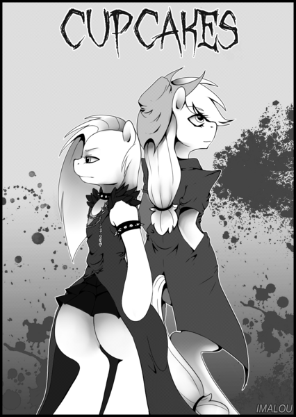 Size: 1230x1731 | Tagged: abstract background, applejack, applepie, artist:cupcakesmanga, artist:imalou, choker, clothes, derpibooru import, fanfic:cupcakes, female, lesbian, manga, monochrome, pinkamena diane pie, pinkie pie, semi-anthro, semi-grimdark, shipping