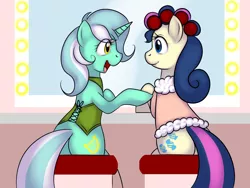 Size: 1920x1440 | Tagged: safe, artist:kloudmutt, derpibooru import, bon bon, lyra heartstrings, sweetie drops, earth pony, pony, unicorn, bipedal, clothes, corset, eye contact, female, hair curlers, lesbian, looking at each other, lyrabon, mare, shipping, sitting, smiling
