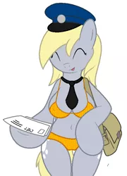 Size: 504x700 | Tagged: anthro, arm hooves, artist:tg-0, belly button, bra, breasts, busty derpy hooves, clothes, derpibooru import, derpy hooves, eyes closed, female, hat, mail, necktie, orange underwear, panties, solo, solo female, suggestive, underwear