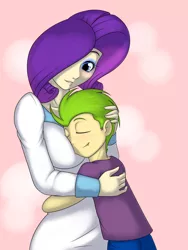 Size: 750x1000 | Tagged: safe, artist:kloudmutt, derpibooru import, rarity, spike, human, boob smothering, breasts, busty rarity, female, hug, humanized, male, shipping, size difference, smaller male, sparity, spikelove, straight