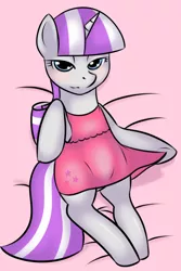 Size: 600x900 | Tagged: suggestive, artist:kloudmutt, derpibooru import, twilight velvet, pony, unicorn, bedroom eyes, clothes, female, looking at you, mare, milf, nightgown, on back, solo, solo female