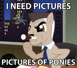 Size: 800x700 | Tagged: artist needed, safe, derpy hooves, ponified, pegasus, pony, bag, building, chair, cigar, derpibooru legacy, eyes, female, grin, gritted teeth, hilarious in hindsight, image, image macro, it begins, j. jonah jameson, jpeg, letter, mail, male, mare, meme, muffin, necktie, paper, parody, phone, sitting, smiling, smoking, spider-man, stallion, swinging