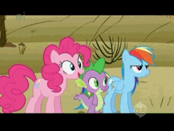 Size: 528x396 | Tagged: safe, derpibooru import, edit, edited screencap, screencap, fluttershy, pinkie pie, rainbow dash, spike, dragon, earth pony, pegasus, pony, over a barrel, season 1, animated, artifact, ei, female, first spike image on derpibooru, gif, glomp, grin, hub logo, hub network, male, mare, one of the first, out of fucking nowhere, personal space invasion, smiling, smirk, the hub, trio, vulgar, wide eyes