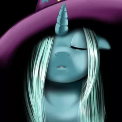 Size: 2000x2000 | Tagged: dead source, safe, artist:kloudmutt, derpibooru import, trixie, pony, unicorn, bust, clothes, eyes closed, female, floppy ears, full face view, hair over one eye, hat, high res, kissing, mare, portrait, pov, solo, trixie's hat