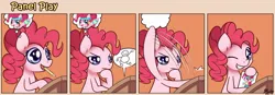 Size: 1400x489 | Tagged: safe, artist:solar-slash, derpibooru import, pinkie pie, earth pony, pony, comic, female, grin, mare, mouth hold, panel play, pencil, smiling, solo, thought bubble