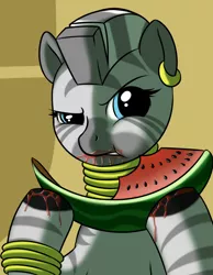 Size: 700x900 | Tagged: artist:kloudmutt, derpibooru import, eating, female, mare, racism, safe, solo, source needed, that's racist, watermelon, zebra, zebras as black people stereotype, zecora
