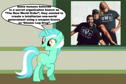 Size: 887x588 | Tagged: safe, derpibooru import, lyra heartstrings, human, pony, unicorn, chalkboard, female, hulk hogan, human studies101 with lyra, irl, kevin nash, looking back, mare, meme, nwo, photo, raised hoof, scott hall