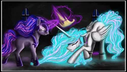 Size: 2638x1502 | Tagged: safe, artist:bri-sta, artist:princesssaros, derpibooru import, princess celestia, twilight sparkle, alicorn, pony, unicorn, bad end, betrayal, collar, corrupted, crying, duo, duo female, evil twilight, female, glowing eyes, mare, nightmare twilight, nightmarified, shackles