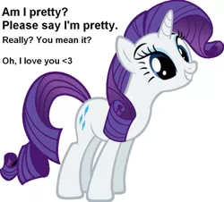 Size: 500x452 | Tagged: safe, derpibooru import, rarity, pony, unicorn, bronybait, female, happy, mare, pretty, simple background, smiling, solo, text, vector, white background