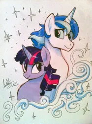 Size: 478x640 | Tagged: safe, artist:awesomecoolwhip, derpibooru import, shining armor, twilight sparkle, pony, unicorn, brother and sister, cute, duo, female, male, mare, siblings, smiling, stallion, traditional art