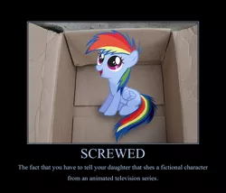 Size: 966x828 | Tagged: artist needed, source needed, safe, derpibooru import, rainbow dash, pegasus, pony, fanfic:my little dashie, black background, box, demotivational poster, female, filly, foal, meme, pony in a box, simple background, solo, vector